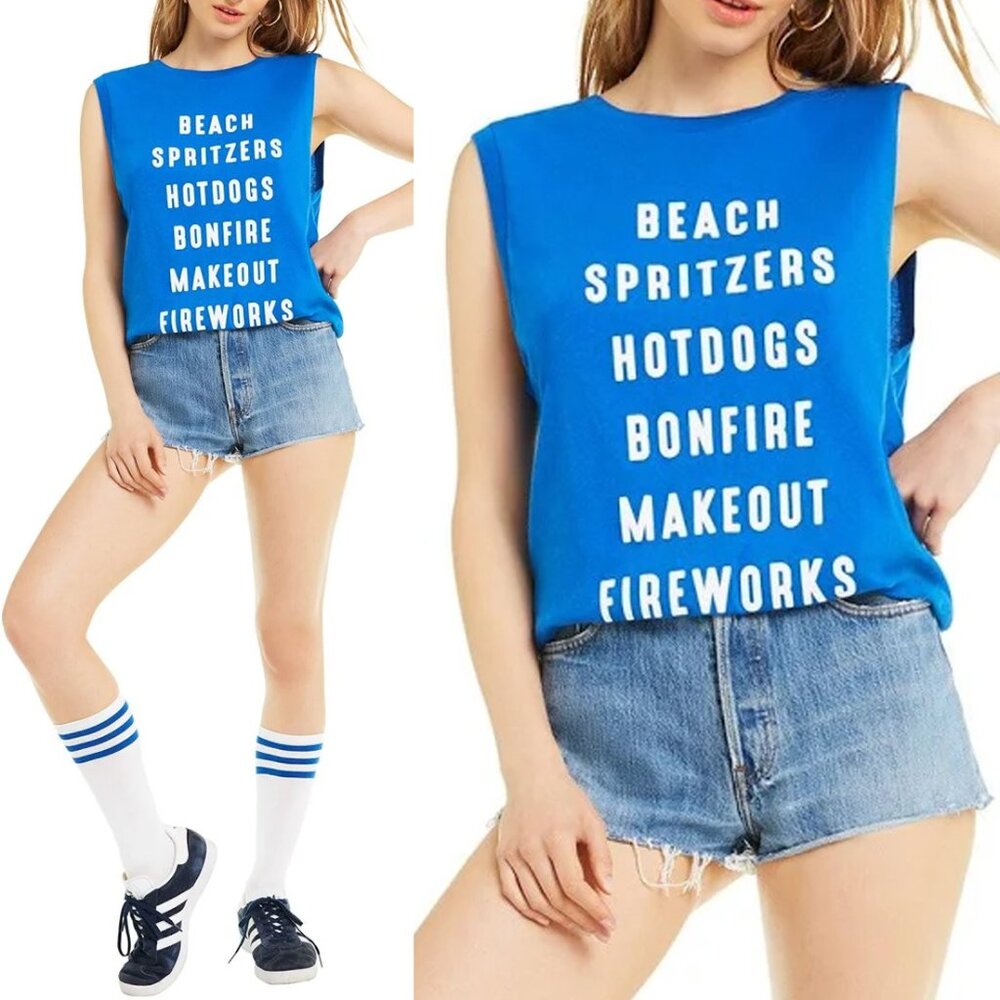 Wildfox July List Vintage Graphic Muscle Tank Top S Sleeveless Royal Cobalt Blue